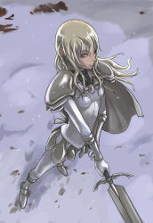 Rule 34 | 00s, 1girl, armor, blonde hair, cape, claymore (series), claymore (sword), face, flora (claymore), from above, gauntlets, snow, snowing, solo, sword, tea (nakenashi), weapon