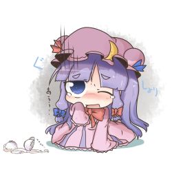 Rule 34 | 1girl, arm up, blue eyes, blush, chibi, crescent, cup, dekasudachin, dress, female focus, gradient background, one eye closed, open mouth, patchouli knowledge, pink dress, purple hair, sitting, solo, spilling, teacup, tears, touhou, white background, wink
