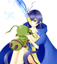 Rule 34 | 2girls, antennae, blue hair, bug, butterfly, digimon, hudiemon, insect, looking at another, mishima erika, multiple girls, sad, wings, wormmon, yellow eyes