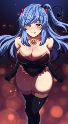 Rule 34 | 1girl, ;p, blue eyes, blue hair, blush, breasts, cleavage, demon girl, demon horns, demon tail, demon wings, elbow gloves, gloves, halloween, halloween costume, highres, hinghoi, horns, internet explorer, internet explorer (merryweather), internet explorer (webcomic), large breasts, leotard, long hair, looking at viewer, merryweather, one eye closed, personification, product girl, smile, solo, tail, thighhighs, tongue, tongue out, wings