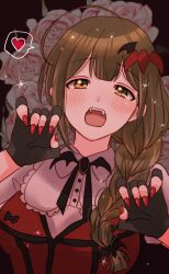 Rule 34 | 1girl, ahoge, bat hair ornament, black background, black gloves, blush, braid, breasts, brooch, brown eyes, brown hair, claw pose, dot nose, dress, fangs, fingerless gloves, floral background, flower, gloves, hair ornament, hair over shoulder, hanasaki rine, hands up, heart, highres, idolmaster, idolmaster shiny colors, jewelry, kuwayama chiyuki, large breasts, long hair, looking at viewer, my dear vampire, nail polish, open mouth, pink flower, pink rose, puffy short sleeves, puffy sleeves, red dress, red nails, rose, short sleeves, single braid, solo, sparkle, speech bubble, spoken heart, upper body