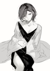 Rule 34 | 1girl, blanket, character request, collarbone, dress, furrowed brow, greyscale, highres, looking ahead, moaomao mo, monochrome, parted lips, path to nowhere, short hair, simple background, sitting, solo, white background