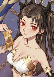 Rule 34 | 1girl, armlet, bare shoulders, between fingers, bikini, black bow, black hair, blush, bow, card, chain, chinese commentary, collarbone, commentary request, da mao banlangen, earrings, fate/grand order, fate (series), fingernails, forehead, hair bow, holding, hoop earrings, ishtar (fate), jewelry, long fingernails, long hair, looking at viewer, parted bangs, purple background, red eyes, simple background, solo, sparkle, straight hair, strapless, strapless bikini, swimsuit, two side up, upper body, very long hair, white bikini