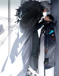 Rule 34 | 2boys, akai 999, animal ears, arknights, black cape, black gloves, black hair, black jacket, black pants, cape, cowboy shot, doctor (arknights), eye contact, from side, fur trim, gloves, grabbing another&#039;s chin, grey hair, hand on another&#039;s chin, height difference, highres, indoors, jacket, leopard boy, leopard ears, leopard tail, light particles, long sleeves, looking at another, looking away, looking down, looking up, male doctor (arknights), male focus, multiple boys, pants, profile, short hair, silverash (arknights), standing, tail, yaoi
