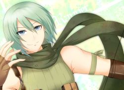 Rule 34 | 1boy, blue eyes, brown gloves, camouflage scarf, closed mouth, commentary request, fingerless gloves, gloves, green hair, green scarf, green shirt, hair between eyes, looking at viewer, male focus, oruserug, ragnarok online, ranger (ragnarok online), scarf, shirt, short hair, sleeveless, sleeveless shirt, smile, solo, upper body