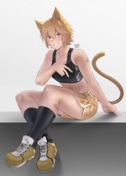 Rule 34 | 1girl, animal ears, ankle boots, backlighting, bandaid, bandaid on arm, bandaid on cheek, bandaid on face, bandaid on leg, black socks, black sports bra, blonde hair, blue eyes, boots, breasts, cat ears, cat girl, cat tail, collarbone, crossed ankles, dolphin shorts, fang, full body, grin, hair between eyes, hunyan, looking at viewer, original, shorts, sitting, small breasts, smile, socks, solo, sports bra, tail, tomboy, white background, yellow footwear, yellow shorts
