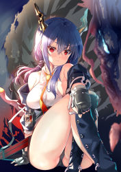 Rule 34 | 1girl, arknights, ass, bare shoulders, black jacket, black panties, black skirt, blue hair, blurry, breasts, ch&#039;en (arknights), collared shirt, dragon, dragon horns, eastern dragon, elite ii (arknights), fingerless gloves, gloves, high-waist skirt, highres, horns, id card, jacket, knees up, long hair, looking at viewer, medium breasts, miniskirt, necktie, off shoulder, open clothes, open jacket, panties, red eyes, shirt, sitting, skirt, sleeveless, sleeveless shirt, smile, solo, thighs, underwear, white shirt, xephonia
