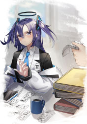 Rule 34 | 1girl, absurdres, black jacket, blue archive, blue eyes, blue hair, blue necktie, coffee mug, collared shirt, cup, e buki, hair between eyes, halo, highres, id card, jacket, jacket partially removed, mug, multicolored clothes, multicolored jacket, necktie, open clothes, open jacket, parted bangs, pile of books, shirt, sidelocks, solo focus, stylus, tablet pc, two-tone jacket, two side up, white jacket, white shirt, yuuka (blue archive)