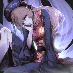 Rule 34 | 1girl, aura, black background, black dress, black hat, breasts, chinese clothes, dress, hand up, hat, junko (touhou), light brown hair, long hair, looking at viewer, medium breasts, neichiru, purple eyes, sash, simple background, sitting, smile, solo, tabard, touhou