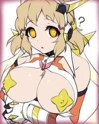 Rule 34 | 1girl, blonde hair, blush, breasts, breasts out, empty eyes, hypnosis, kuro mushi, large breasts, looking at viewer, mind control, no bra, open mouth, senki zesshou symphogear, simple background, solo, sweat, tachibana hibiki (symphogear), white background, yellow eyes