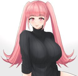 Rule 34 | 1girl, :p, absurdres, alternate costume, black sweater, blunt bangs, breasts, closed mouth, commentary, desspie, english commentary, female focus, fire emblem, fire emblem: three houses, highres, hilda valentine goneril, large breasts, long hair, looking at viewer, matching hair/eyes, naked sweater, nintendo, pink eyes, pink hair, ribbed sweater, sidelocks, simple background, smile, solo, sweater, tongue, tongue out, turtleneck, turtleneck sweater, twintails, very long hair, white background