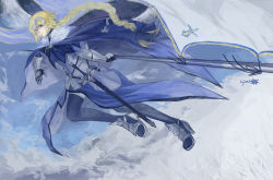 Rule 34 | 1girl, armor, armored dress, black gloves, blonde hair, blue cape, blue eyes, braid, cape, cloak, dutch angle, fate (series), gauntlets, gloves, headpiece, high heels, highres, jeanne d&#039;arc (fate), light smile, looking at viewer, lsunl, painterly, polearm, signature, solo, standard bearer, sword, thighhighs, thighs, type-moon, weapon