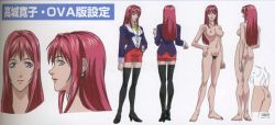Rule 34 | 00s, ass, barefoot, bible black, breasts, character sheet, earrings, feet, jewelry, kein yachimata, lipstick, long hair, looking at viewer, makeup, model sheet, nude, purple eyes, red hair, sideboob, simple background, smile, source request, takashiro hiroko, teacher, thighhighs, uncensored, yoshiten