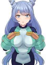 Rule 34 | 1girl, blue eyes, blush, bodysuit, boku no hero academia, breasts, bright pupils, covered collarbone, covered navel, cowboy shot, dot nose, drill hair, hadou nejire, hands on own chest, hands up, large breasts, long hair, looking at viewer, open mouth, parted bangs, shiseki hirame, simple background, solo, very long hair, white background, white pupils