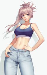 Rule 34 | 1girl, absurdres, blue eyes, blush, breasts, brown hair, cleavage, collarbone, denim, fate/grand order, fate (series), hand on own hip, highres, jeans, large breasts, looking at viewer, miyamoto musashi (fate), navel, pants, parted lips, smile, solo, sports bra, voonalex98