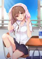 Rule 34 | 1girl, :p, bag, black skirt, bottle, breasts, brown eyes, brown hair, chair, closed mouth, collarbone, collared shirt, commentary request, day, desk, dress shirt, feet out of frame, head tilt, highres, indoors, knee up, long hair, looking at viewer, nazuna shizuku, original, pleated skirt, school bag, school chair, school desk, school uniform, shirt, short sleeves, sitting, skirt, small breasts, smile, socks, solo, tongue, tongue out, towel, towel on head, water bottle, white shirt, white socks