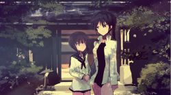 Rule 34 | 2girls, black eyes, black hair, blurry, brown hair, commentary, cowboy shot, dappled sunlight, depth of field, eye contact, film grain, hand on another&#039;s back, high ponytail, highres, house, jacket, kabuyama kaigi, kitagou fumika, long hair, looking at another, multiple girls, open clothes, open jacket, outdoors, own hands together, ponytail, school uniform, serafuku, short hair, sidelocks, sketch, sunlight, swimsuit, swimsuit under clothes, takei junko, uniform, world witches series, aged down