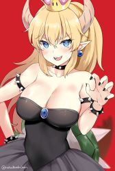 Rule 34 | 1girl, armlet, bare shoulders, blonde hair, blue eyes, bowsette, bracelet, breasts, cleavage, collar, crown, dress, hand on own hip, highres, horns, jewelry, kaetzchen, large breasts, mario (series), new super mario bros. u deluxe, nintendo, pointy ears, ponytail, red background, sharp teeth, simple background, solo, spiked armlet, spiked bracelet, spiked collar, spikes, super crown, teeth
