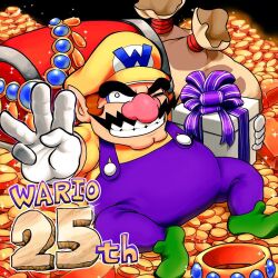 Rule 34 | 1boy, anniversary, cleft chin, coin, facial hair, gift, gloves, gold coin, gold necklace, green footwear, grin, hat, holding, holding gift, hoshi (star-name2000), jewelry, mustache, necklace, nintendo, one eye closed, overalls, pointy ears, purple overalls, sack, smile, thick eyebrows, treasure, treasure chest, wario, wario land, white gloves, yellow hat