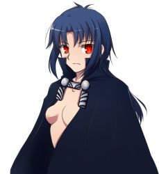 Rule 34 | 00s, 1girl, blue hair, breasts, ciel (tsukihime), cleavage, elesia, frown, long hair, red eyes, slit pupils, small breasts, solo, tsukihime, tusia, white background