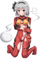 Rule 34 | 1girl, black bow, black hairband, black ribbon, blue eyes, blush, bodysuit, bow, bow hairband, breasts, cameltoe, commentary, cosplay, dot nose, ghost, hairband, highres, konpaku youmu, konpaku youmu (ghost), looking at viewer, neon genesis evangelion, pilot suit, plugsuit, red bodysuit, ribbon, seiza, short hair, simple background, sitting, small breasts, solo, souryuu asuka langley (cosplay), sweatdrop, torn clothes, touhou, white background, white hair, youmu-kun