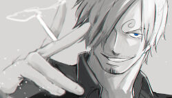 1boy 89gino05 absurdres blue_eyes cigarette close-up collared_shirt commentary curly_eyebrows facial_hair goatee hair_over_one_eye highres holding holding_cigarette looking_at_viewer male_focus one_piece sanji_(one_piece) shirt short_hair simple_background smile smoke solo symbol-only_commentary