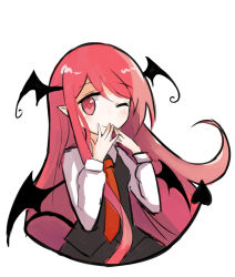 Rule 34 | 1girl, ;), bat wings, blush, collared shirt, demon tail, dress shirt, eluthel, eyelashes, hands on own cheeks, hands on own face, head wings, koakuma, long hair, long sleeves, looking at viewer, necktie, one eye closed, pointy ears, red eyes, red hair, red necktie, shirt, simple background, skirt, skirt set, smile, solo, tail, touhou, upper body, very long hair, white background, white shirt, wings