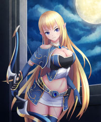 Rule 34 | 1girl, black thighhighs, blonde hair, blue eyes, blue gloves, blush, bow (weapon), breasts, cleavage, closed mouth, elbow gloves, elf, gloves, highres, holding, holding bow (weapon), holding weapon, large breasts, long hair, looking at viewer, moon, navel, night, original, pointy ears, smile, solo, thighhighs, weapon, yclok