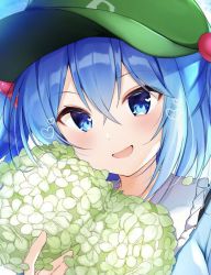 Rule 34 | 1girl, :d, blouse, blue eyes, blue hair, blue shirt, blush, cabbie hat, commentary request, flower, frilled shirt collar, frills, green flower, green hat, hair between eyes, hair bobbles, hair ornament, hat, hydrangea, kawashiro nitori, looking at viewer, nenobi (nenorium), open mouth, petals, shirt, short hair, sidelocks, smile, solo, touhou, two side up, upper body