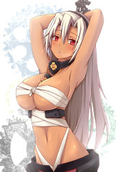 Rule 34 | 10s, 1girl, alternate hair length, alternate hairstyle, armpits, bdsm, between breasts, blonde hair, bloodhound, blush, bondage, bound, breasts, budget sarashi, chained wrists, chain, dark skin, dark-skinned female, gears, hair down, hairband, highres, kantai collection, large breasts, long hair, looking at viewer, musashi (kancolle), navel, no eyewear, parted lips, red eyes, sarashi, silver hair, solo, sweatdrop, underboob