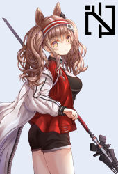 Rule 34 | 1girl, absurdres, angelina (arknights), animal ears, arknights, bad id, bad pixiv id, black shorts, blush, breasts, brown eyes, brown hair, casual, choker, hairband, highres, holding, holding wand, jacket, jacket on shoulders, long sleeves, looking at viewer, open mouth, pants, red jacket, revision, ryn (rinorea), shirt, shorts, simple background, solo, standing, striped clothes, striped jacket, t-shirt, twintails, wand, waving, white jacket, zipper