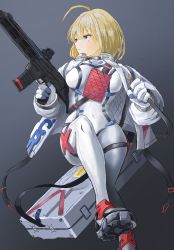 Rule 34 | 1girl, absurdres, acr (girls&#039; frontline), acr (search in the stars) (girls&#039; frontline), adaptive combat rifle, ahoge, assault rifle, blonde hair, blue eyes, bodysuit, breasts, closed mouth, covered navel, flying, full body, girls&#039; frontline, gloves, grey background, gun, highres, holding, holding gun, holding weapon, jacket, looking away, medium breasts, medium hair, mole, mole under eye, official alternate costume, open clothes, open jacket, rifle, solo, spacesuit, ssvtt1v3erngwyw, tight clothes, weapon, weapon case, white bodysuit, white gloves, white jacket