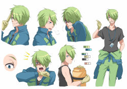 Rule 34 | 1boy, animification, bad id, bad pixiv id, character sheet, color guide, gloves, green hair, hair over one eye, male focus, mike wazowski, monsters inc., personification, runosuke