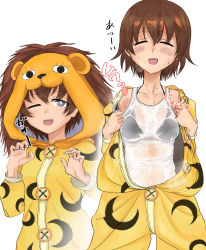 Rule 34 | 10s, 1girl, absurdres, animal costume, bikini, black bikini, blue eyes, blush, breasts, brown hair, collarbone, closed eyes, female focus, girls und panzer, highres, lion costume, open mouth, see-through, simple background, small breasts, smile, solo, sweat, swimsuit, tank top, toku (yhpv8752), tsuchiya (girls und panzer), wet, wet clothes, white background
