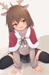 Rule 34 | 1girl, :d, animal ears, antlers, black thighhighs, brown hair, brown hairband, capelet, centi mnkt, commentary request, deer ears, fake animal ears, fake antlers, fur-trimmed capelet, fur trim, grey skirt, grey sweater, hair between eyes, hairband, highres, horns, long sleeves, looking at viewer, open mouth, original, plaid, plaid skirt, puffy long sleeves, puffy sleeves, red capelet, red eyes, reindeer antlers, ribbed sweater, sitting, skirt, sleeves past wrists, smile, solo, sweater, thighhighs, turtleneck, turtleneck sweater, wariza