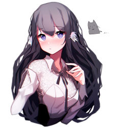 Rule 34 | 1girl, absurdres, arknights, astesia (arknights), beudelb, black ribbon, blush, cat, commentary, cropped arms, cropped torso, female focus, hair between eyes, hand up, highres, korean commentary, looking at viewer, neck ribbon, purple eyes, purple hair, ribbon, shirt, simple background, solo, upper body, white background, white shirt