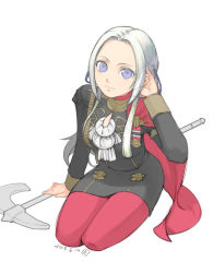 Rule 34 | 1girl, blonde hair, blue eyes, cape, ascot, edelgard von hresvelg, fire emblem, fire emblem: three houses, gloves, hair ornament, long hair, looking at viewer, mole, mole under mouth, nintendo, pantyhose, shiroh46, simple background, smile, solo, uniform, white background