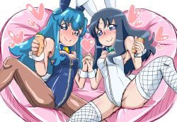 Rule 34 | 10s, 2girls, animal ears, bad id, bad pixiv id, blue eyes, blue hair, bow, bowtie, carrot, color connection, detached collar, fake animal ears, happinesscharge precure!, heart, heart-shaped pupils, heart-shaped pillow, heartcatch precure!, holding hands, interlocked fingers, kurumi erika, leotard, long hair, multiple girls, pantyhose, pillow, playboy bunny, precure, rabbit ears, shichuu katsu, shirayuki hime, simple background, smile, spread legs, symbol-shaped pupils, thighhighs, wrist cuffs, zipper