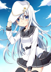 Rule 34 | 10s, 1girl, adjusting clothes, adjusting headwear, bad id, bad pixiv id, black thighhighs, blue eyes, blue hair, blue sky, blush, cloud, day, hammer and sickle, hat, hibiki (kancolle), kantai collection, long hair, matching hair/eyes, open mouth, oumi neneha, personification, pleated skirt, silver hair, skirt, sky, solo, star (symbol), thighhighs, verniy (kancolle)
