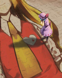 Rule 34 | 1girl, bad id, bad pixiv id, blonde hair, blue hair, c-button, covering face, female focus, flandre scarlet, hat, heart, heat, highres, jigsaw puzzle, jpeg artifacts, long hair, puzzle, remilia scarlet, short hair, skirt, skirt set, solo, touhou