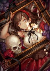 Rule 34 | 1girl, bed sheet, black bow, bow, breasts, brown hair, center frills, closed mouth, commentary request, dutch angle, flower, frills, grey eyes, hair bow, hairband, highres, large breasts, looking at viewer, lying, md5 mismatch, okuma mai, on back, original, picture frame, purple flower, red bow, red flower, red hairband, red rose, red skirt, resolution mismatch, rose, shirt, short hair, skirt, skull, sleeveless, sleeveless shirt, solo, source smaller, striped clothes, striped skirt, underbust, vertical-striped clothes, vertical-striped skirt, white shirt