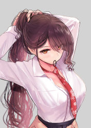 Rule 34 | 1girl, azur lane, black skirt, breast pocket, breasts, brown eyes, brown hair, cleavage, clothes around waist, collarbone, collared shirt, floral print, from above, grey background, large breasts, long bangs, long hair, long sleeves, looking at viewer, loose necktie, mouth hold, necktie, office lady, partially unbuttoned, pleated skirt, pocket, print necktie, schreibe shura, shirt, shirt tucked in, simple background, skirt, sweater, sweater around waist, swept bangs, tented shirt, tsurime, tying hair, upper body, white shirt, zuikaku (azur lane)