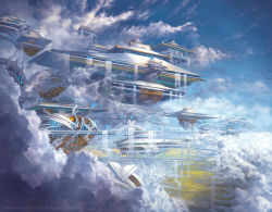 Rule 34 | above clouds, alayna danner, artist name, blue sky, cloud, commentary, day, english commentary, floating city, highres, magic: the gathering, no humans, official art, outdoors, scenery, science fiction, sky, watermark