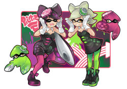 Rule 34 | + +, 2girls, :d, ^ ^, ankle boots, bare shoulders, black dress, black footwear, boots, breasts, callie (splatoon), cleavage, closed eyes, detached collar, dress, earrings, food-themed hair ornament, full body, gloves, gomipomi, green hair, green legwear, grin, hair ornament, half-closed eyes, hands up, inkling, inkling player character, jewelry, leg up, long hair, looking at viewer, marie (splatoon), multiple girls, nintendo, one eye closed, open mouth, pantyhose, pointy ears, purple footwear, purple hair, purple legwear, short jumpsuit, smile, splatoon (series), splatoon 1, squid, standing, standing on one leg, strapless, strapless dress, teeth, tentacle hair, very long hair, white gloves