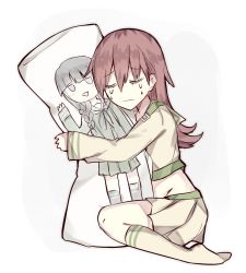 Rule 34 | 10s, 1girl, black hair, brown hair, crying, dakimakura (object), closed eyes, female focus, full body, highres, hug, jitome, kantai collection, kitakami (kancolle), kvlen, lonely, long hair, midriff, hugging object, ooi (kancolle), open mouth, pillow, pillow hug, skirt, socks, solo, tears, triangle mouth, white background
