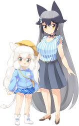 Rule 34 | 2girls, aged down, animal ear fluff, animal ears, black choker, blue bow, blue shirt, blue skirt, blush, boots, bow, breasts, choker, commentary request, flat chest, footwear bow, fox ears, fox girl, full body, grey eyes, grey footwear, grey hair, grey skirt, hair ornament, hairclip, hat, high heels, highres, kemono friends, kindergarten uniform, large breasts, lets0020, lion ears, lion girl, lion tail, long hair, long sleeves, looking at viewer, medium bangs, multiple girls, open mouth, plaid, plaid skirt, school hat, shirt, short sleeves, silver fox (kemono friends), simple background, skirt, smile, standing, striped clothes, striped shirt, tail, vertical-striped clothes, vertical-striped shirt, very long hair, white background, white footwear, white hair, white lion (kemono friends), white shirt, yellow eyes, yellow hat