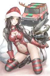 Rule 34 | 1girl, antlers, black hair, bodysuit, boots, breasts, car, christmas, christmas elf, cleavage, cleavage cutout, clothing cutout, elf, gloves, hat, horns, hummer, kuratch, leather, medium breasts, midriff, motor vehicle, navel, one-piece swimsuit, original, pointy ears, red leather, rocket launcher, rpg (weapon), sack, santa costume, santa hat, skin tight, solo, sports utility vehicle, squatting, striped clothes, striped thighhighs, swimsuit, thighhighs, vehicle, weapon, yellow eyes, zipper