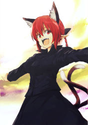 Rule 34 | 1girl, :d, animal ears, bad id, bad pixiv id, braid, cat ears, cat girl, cat tail, extra ears, female focus, kaenbyou rin, lefthand, looking at viewer, open mouth, outstretched arms, red eyes, red hair, short hair, smile, solo, spread arms, tail, touhou