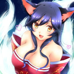 Rule 34 | 1girl, ahri (league of legends), animal ears, bare shoulders, black hair, breasts, cleavage, detached sleeves, facial mark, fox ears, fox tail, heart, kinoope, korean clothes, large breasts, league of legends, long hair, looking at viewer, open mouth, slit pupils, solo, tail, whisker markings, yellow eyes