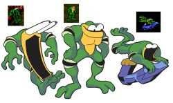 Rule 34 | 1boy, arms at sides, battletoads, bulging eyes, colored skin, creature, elbow pads, eye pop, frog, from side, full body, gashi-gashi, green skin, knee pads, legs apart, male focus, multiple views, open mouth, reference work, simple background, standing, surprised, yellow skin, zitz